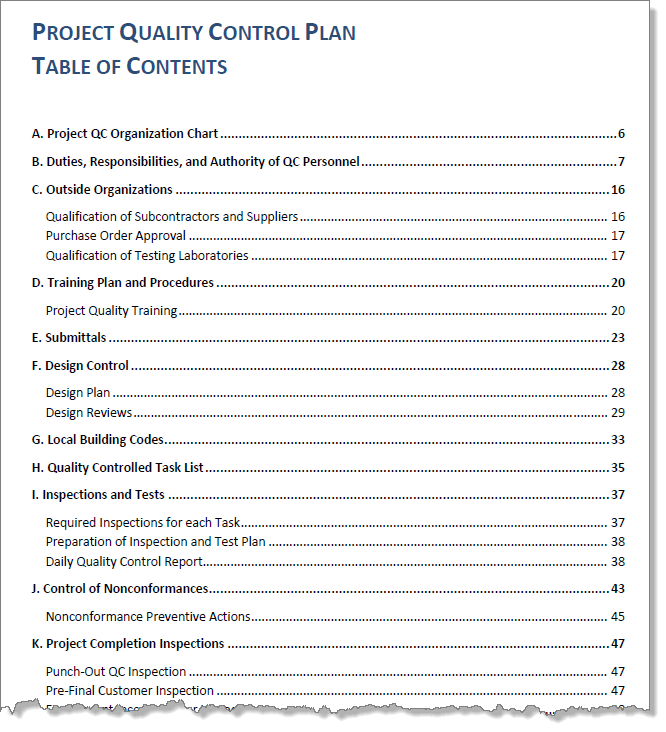 Construction Project Quality Plan Table of Contents