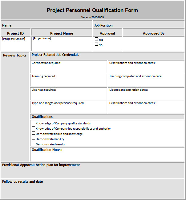 Construction Quality Personnel Qualification Form Example