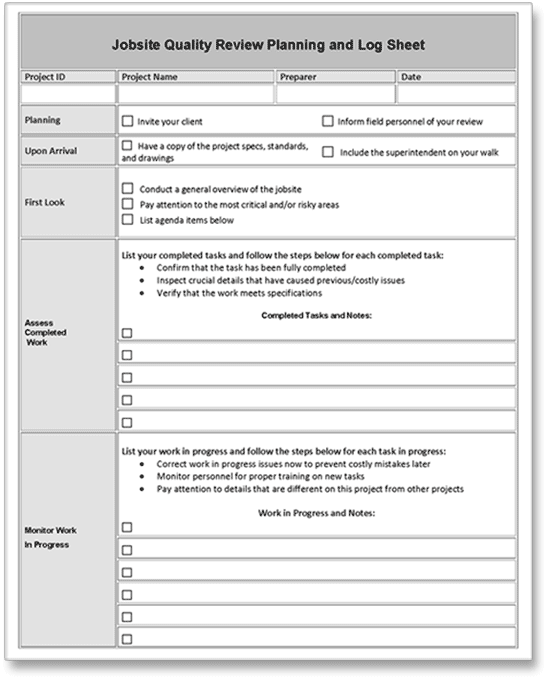 construction job site quality control audit form 