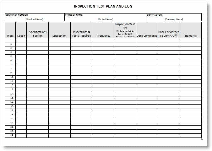 Construction Inspection Test Plan Form ITP