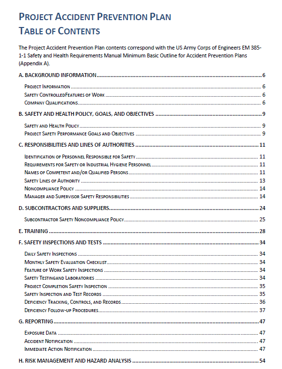 Project accident prevention plan TOC p.4