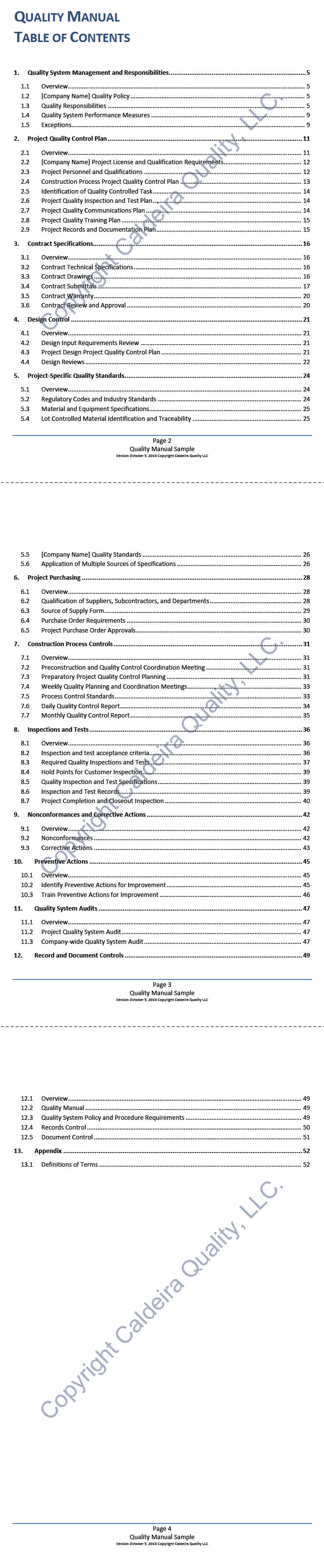 Quality Manual Table of Contents