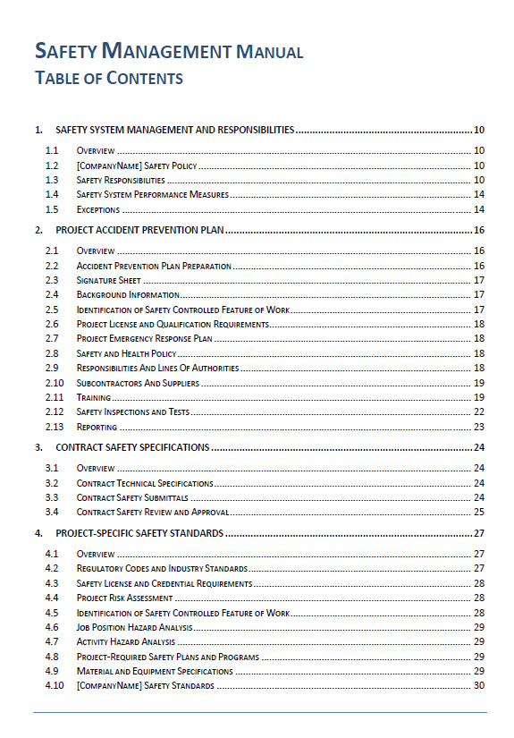 Safety Management Manual Table of Contents