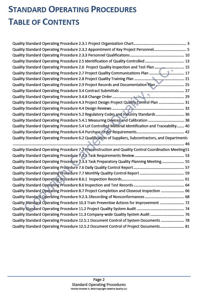 standard operating procedures table of contents