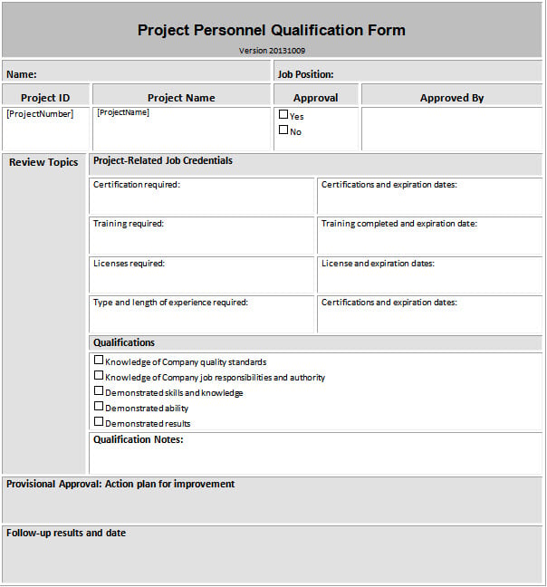 Construction Quality Personnel Qualification Form Example